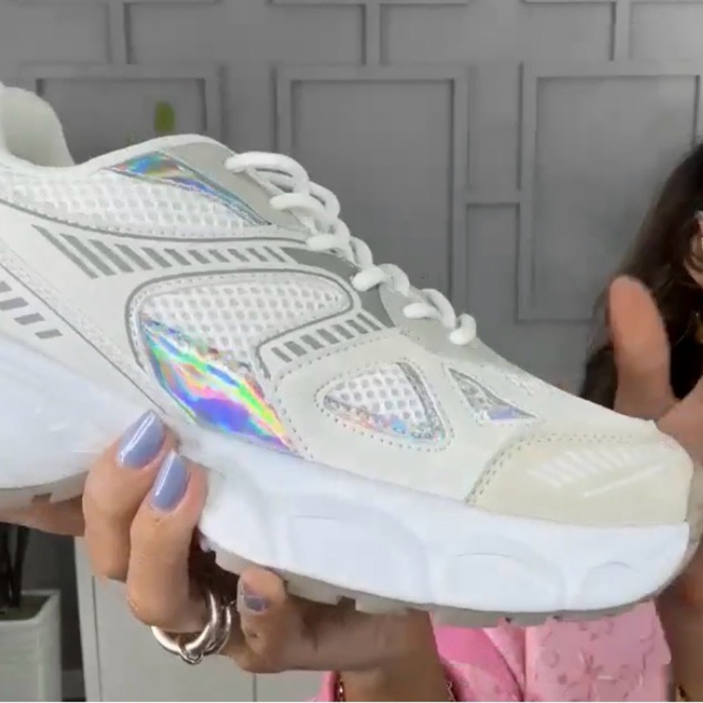 White and Silver Chunky Athletic Shoes with Thick Sole - Picture 2 of 2